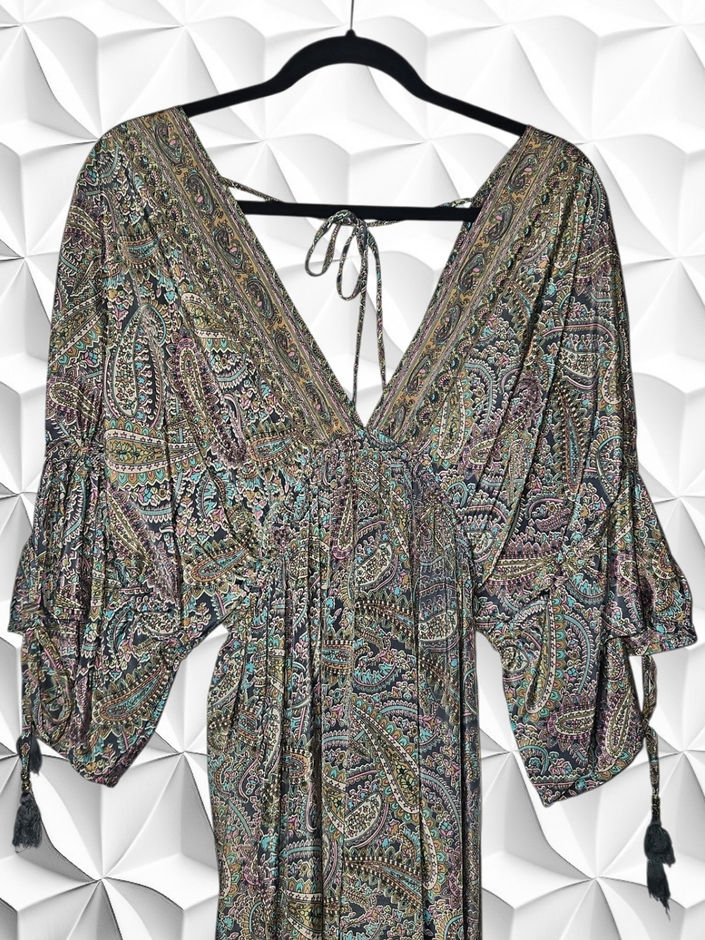 ​Karma Highway Boho Paisley Maxi Dress One Size Tassel Tie Back Flowy Festival
